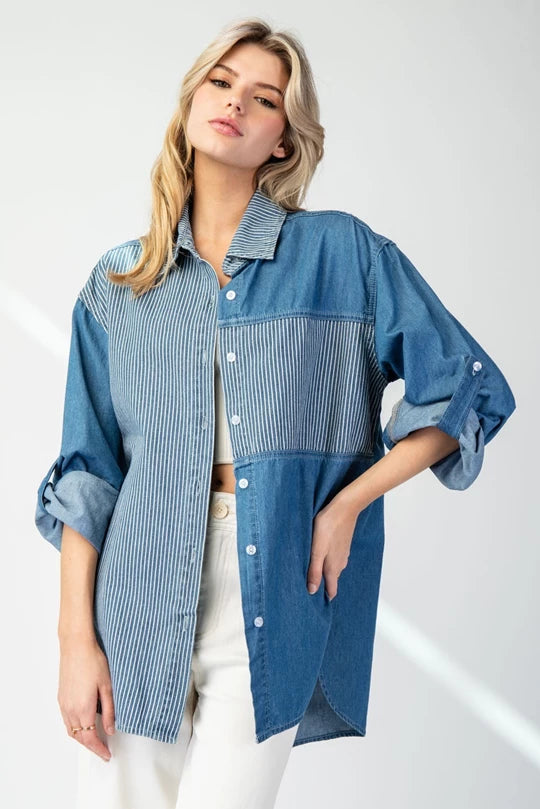 MINERAL WASHED PINSTRIPE COLOR BLOCK SHIRT