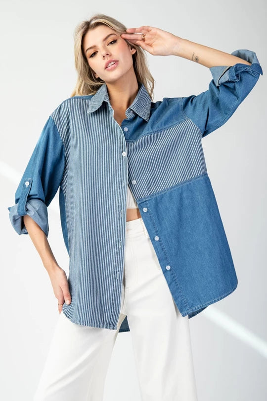 MINERAL WASHED PINSTRIPE COLOR BLOCK SHIRT