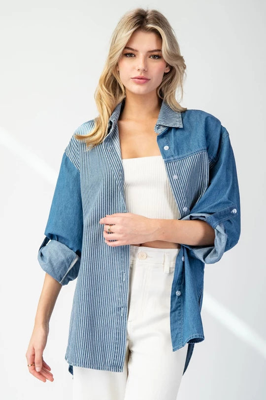 MINERAL WASHED PINSTRIPE COLOR BLOCK SHIRT