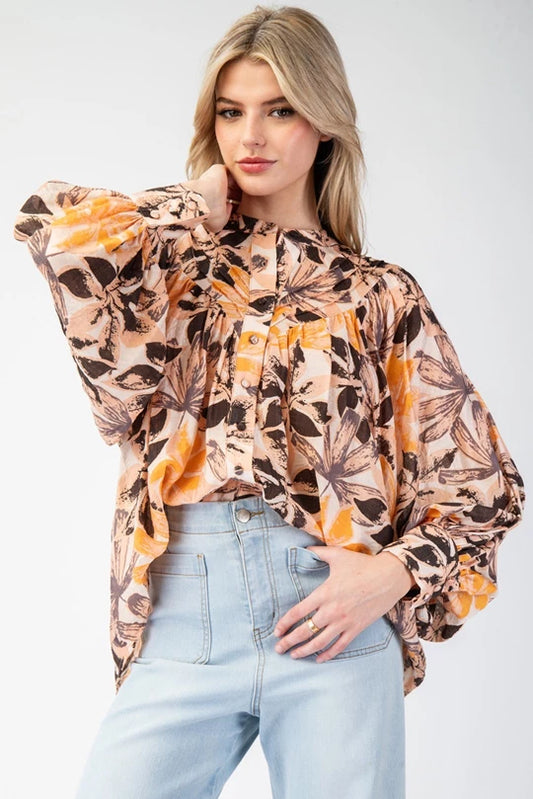 PRINTED BUBBLE SLEEVE BLOUSE TOP - Pinecone