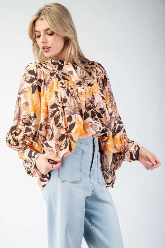 PRINTED BUBBLE SLEEVE BLOUSE TOP - Pinecone