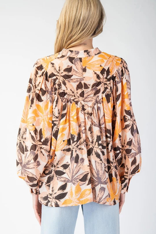 PRINTED BUBBLE SLEEVE BLOUSE TOP - Pinecone