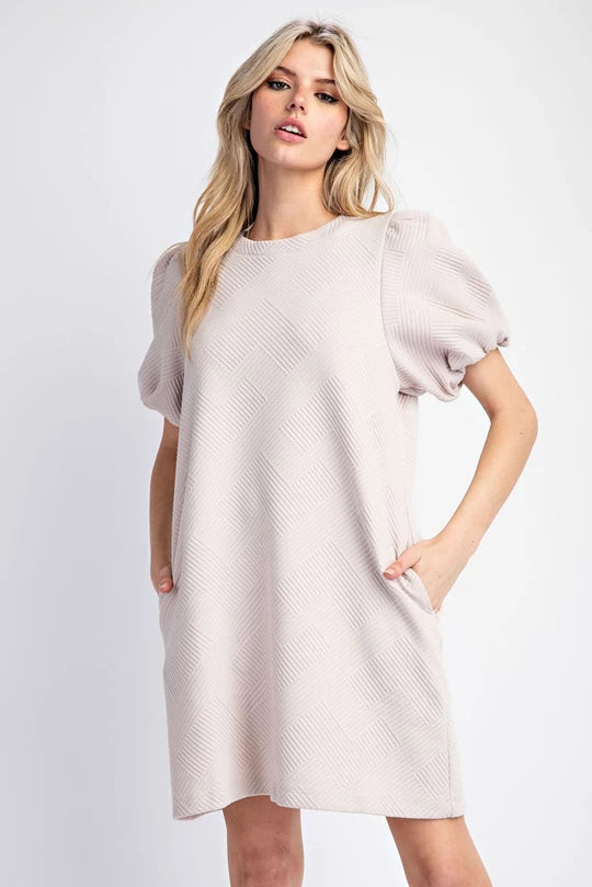 TEXTURED PUFF SLEEVE MINI DRESS- Oatmeal