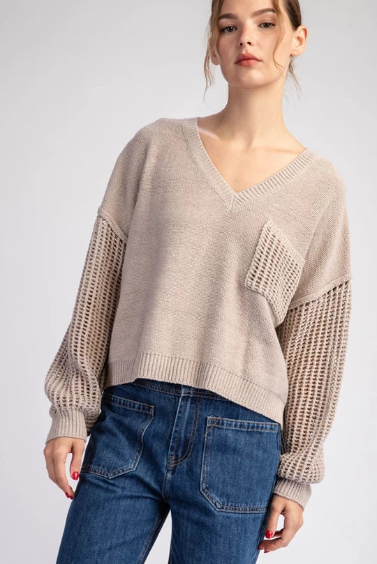 OPEN KNIT LONG SLEEVE SWEATER TOP - Oatmeal