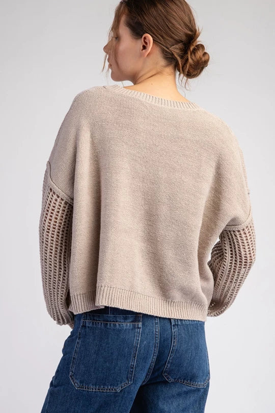 OPEN KNIT LONG SLEEVE SWEATER TOP - Oatmeal