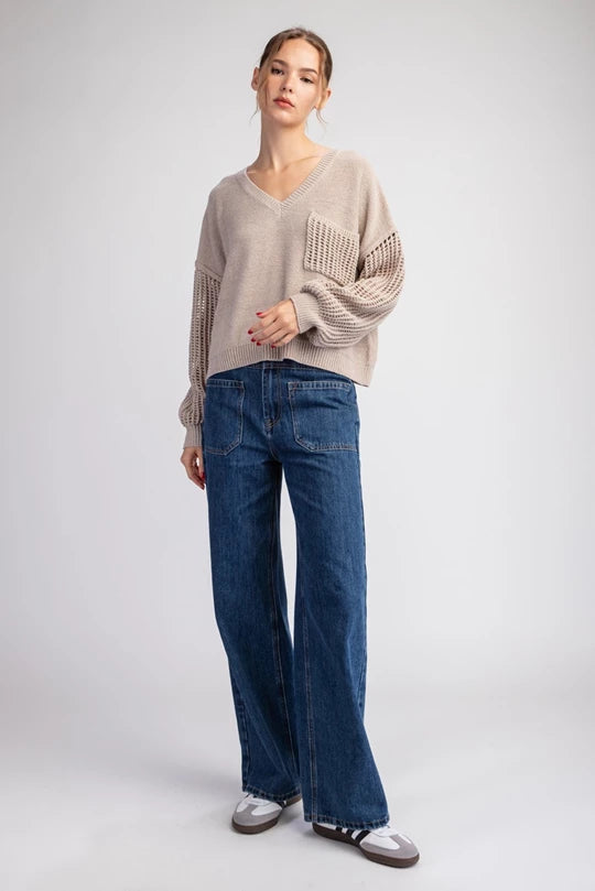 OPEN KNIT LONG SLEEVE SWEATER TOP - Oatmeal