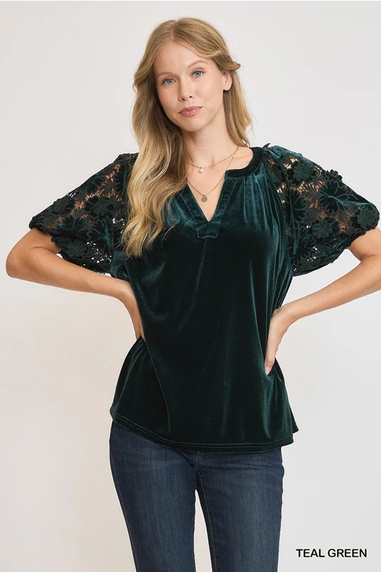 Split Neck Velvet Top - Teal Green