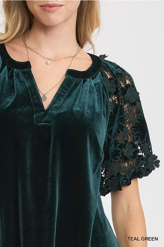 Split Neck Velvet Top - Teal Green