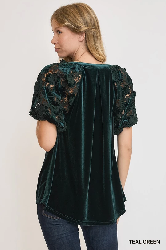 Split Neck Velvet Top - Teal Green