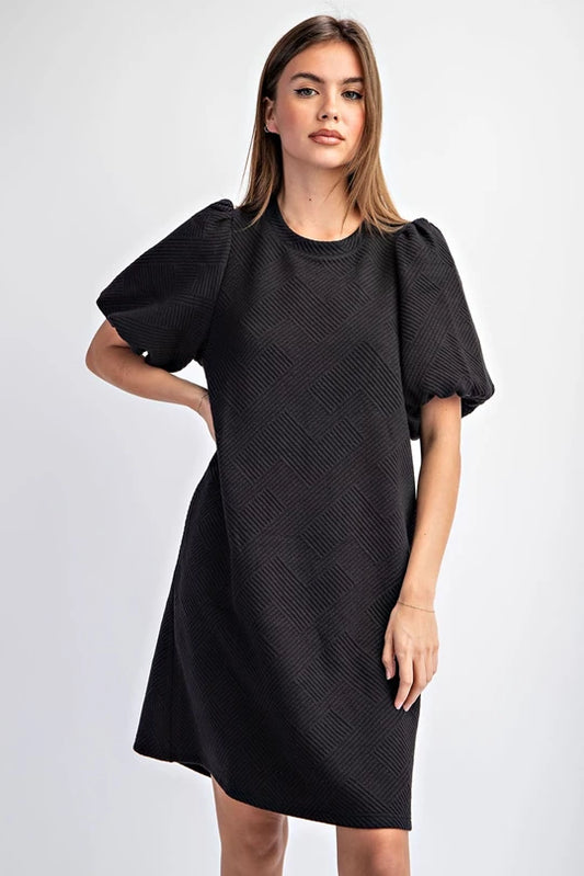 TEXTURED PUFF SLEEVE MINI DRESS- Black