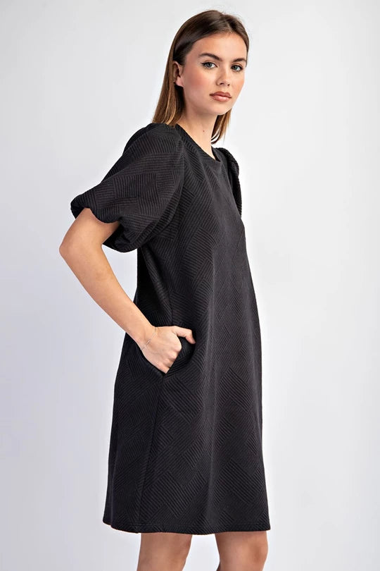 TEXTURED PUFF SLEEVE MINI DRESS- Black