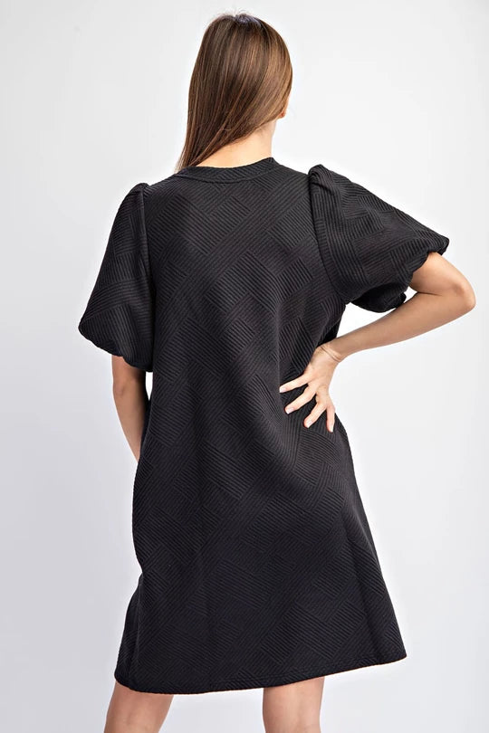 TEXTURED PUFF SLEEVE MINI DRESS- Black