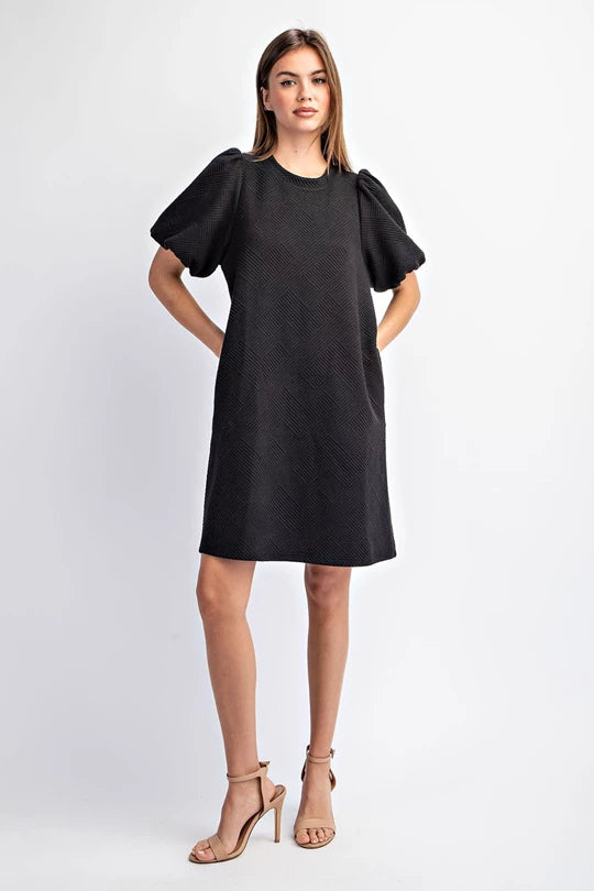 TEXTURED PUFF SLEEVE MINI DRESS- Black