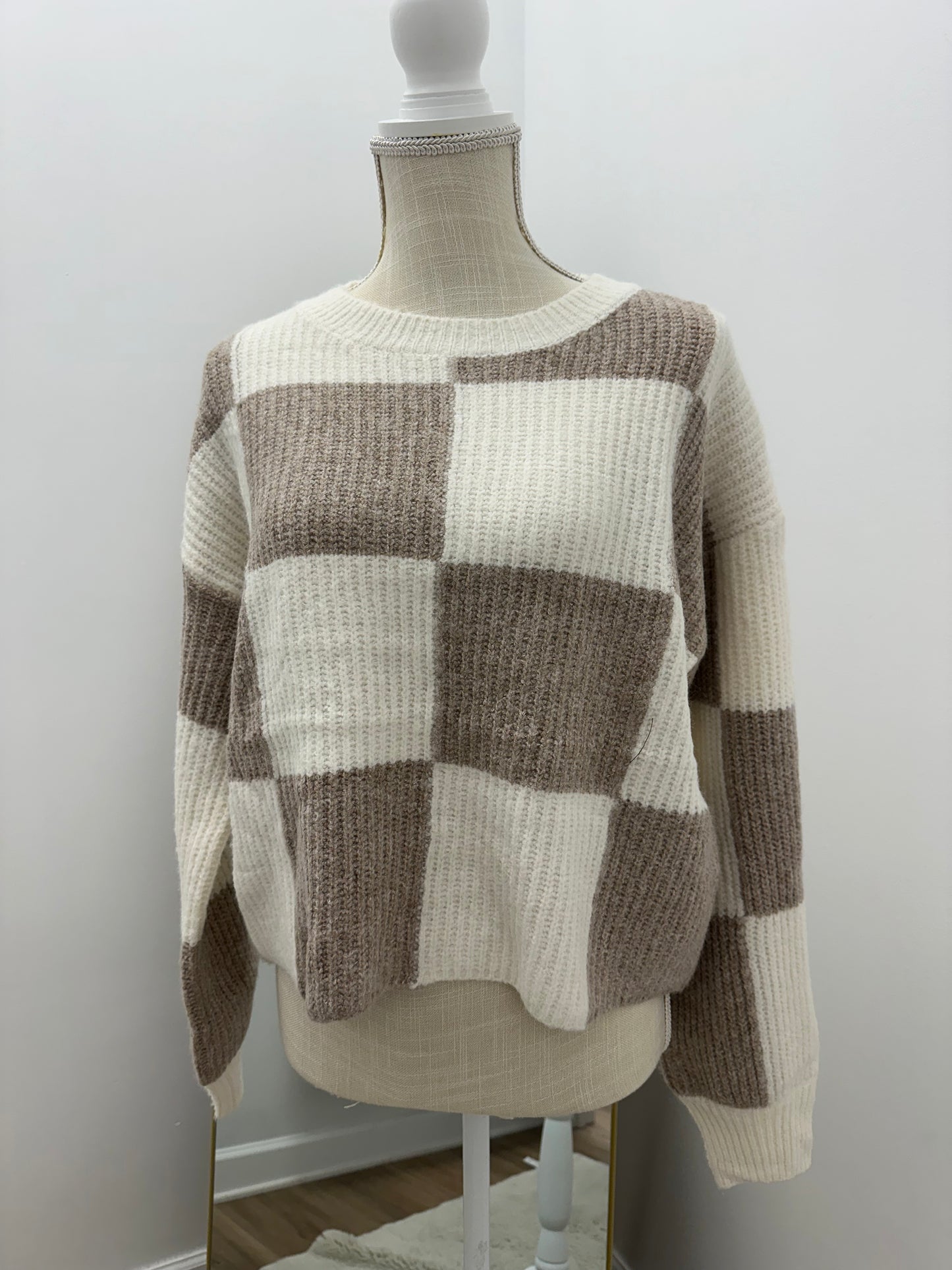 Taupe Casual Soft Cozy Relaxed Fit Checker Knit Sweater