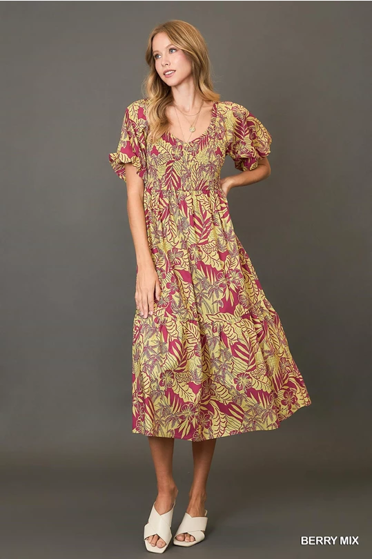 Tropical Print Poplin Midi Dress - Berry Mix