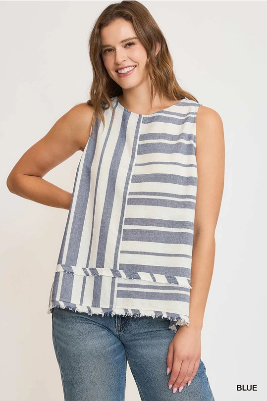 Linen Blend Sleeveless Striped Top - Blue