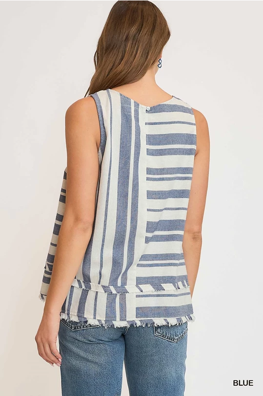 Linen Blend Sleeveless Striped Top - Blue