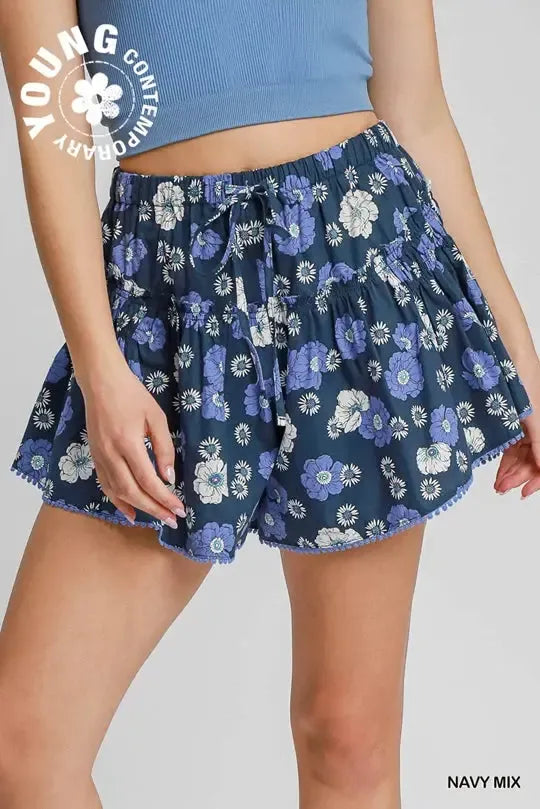 Floral Print Shorts with Gathered Details - Navy Mix