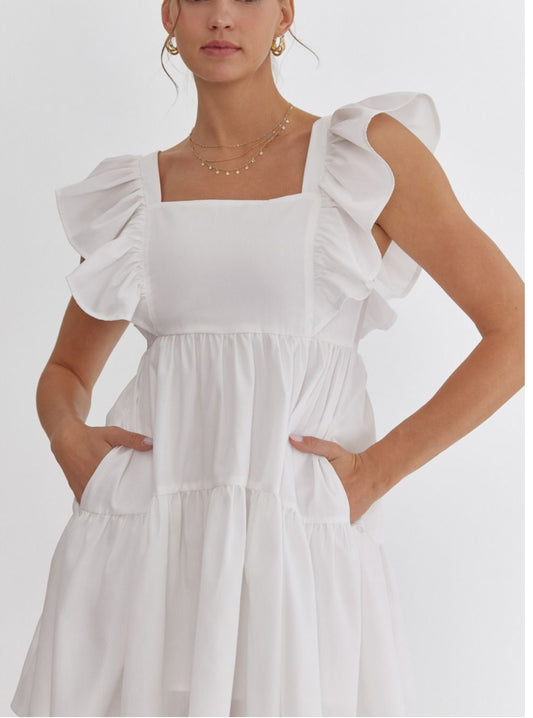 Solid square neck baby doll dress featuring ruffle sleeves