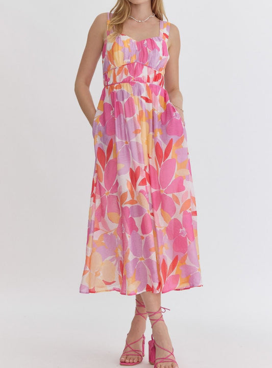 Floral print sweetheart neck sleeveless midi dress featuring smocking at back
