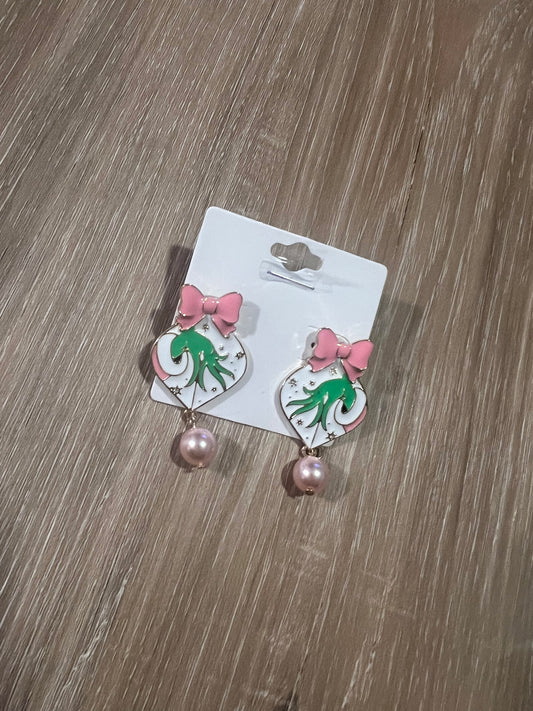 Pink Grinch Pearl Earrings