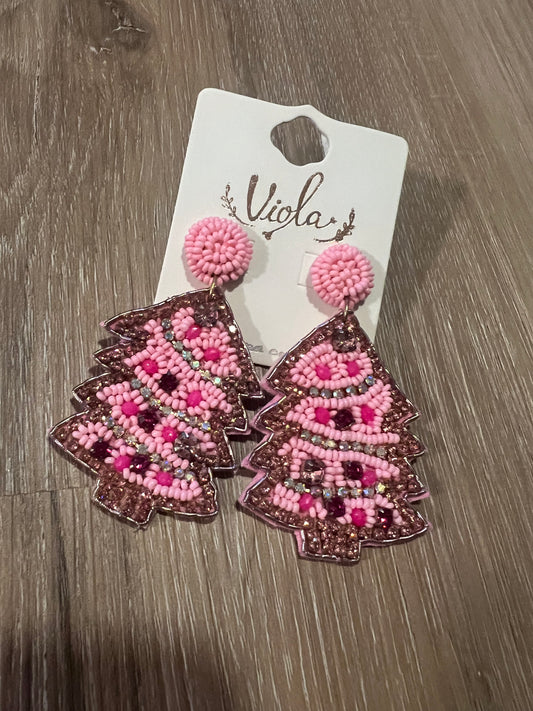 Beaded Pink Christmas Tree Dangles