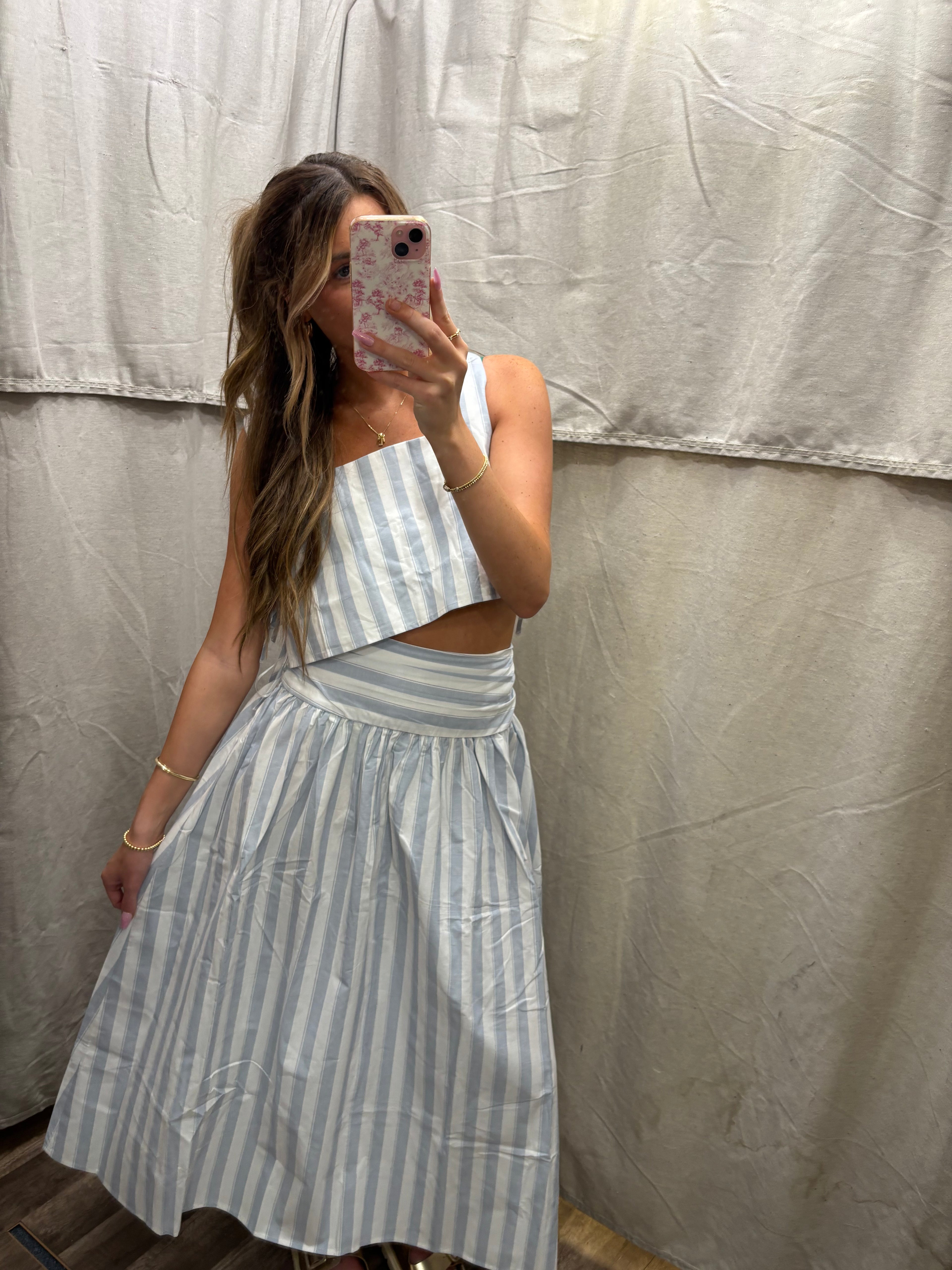 Light Blue Lace up tank and ruched waist midi skirt set