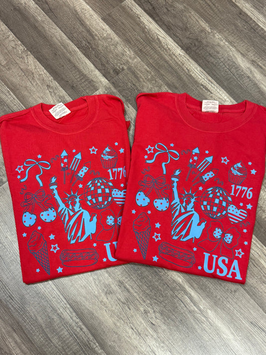 USA Liberty + Bows on red tee