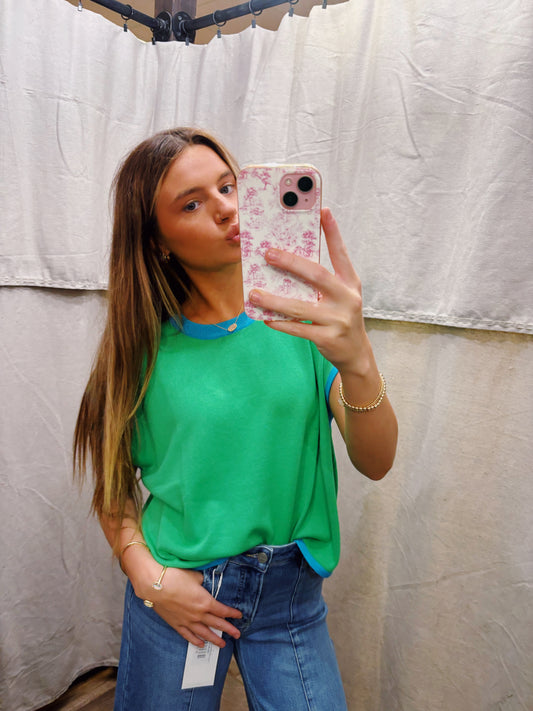 Green Solid sweater knit pullover muscle top featuing contrast ribbed edge accents