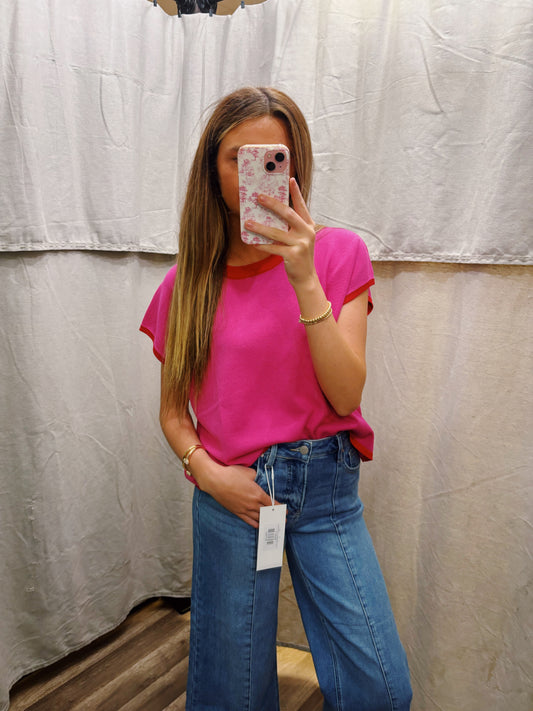 Pink Solid sweater knit pullover muscle top featuing contrast ribbed edge accents