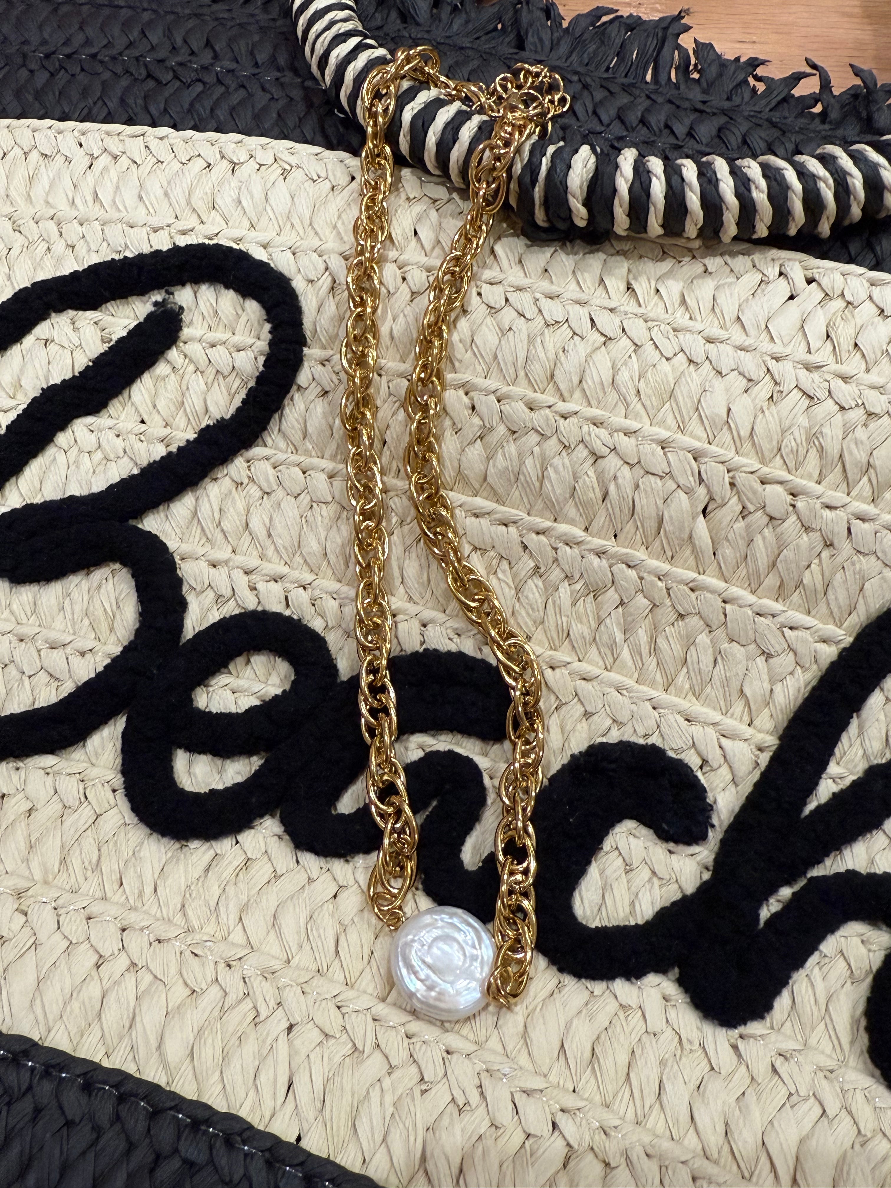 Waterproof Non Tarnish Chunky Gold Necklace With Pearl Center