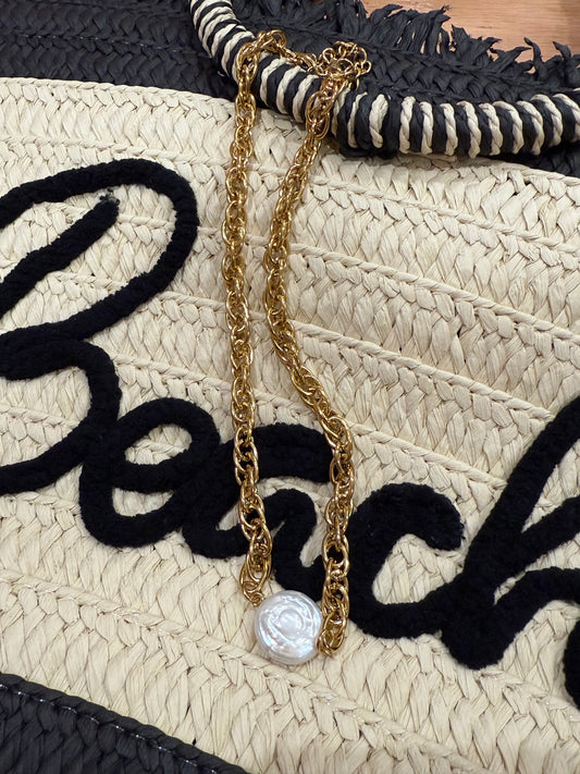 Waterproof Non Tarnish Chunky Gold Necklace With Pearl Center