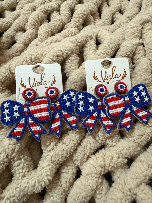 Patriotic Beaded Bow Earrings