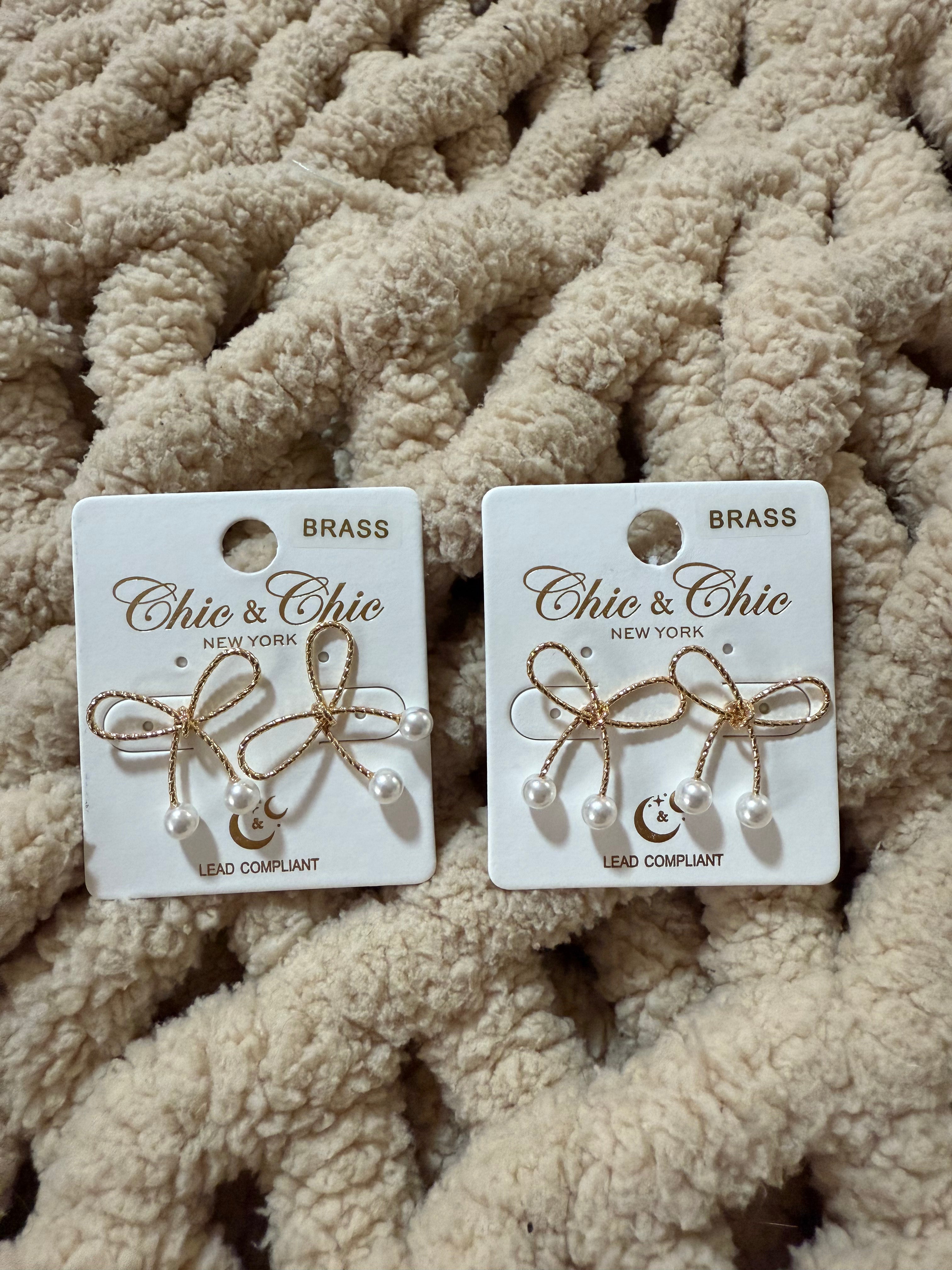 Gold Bow Studs With Pearls
