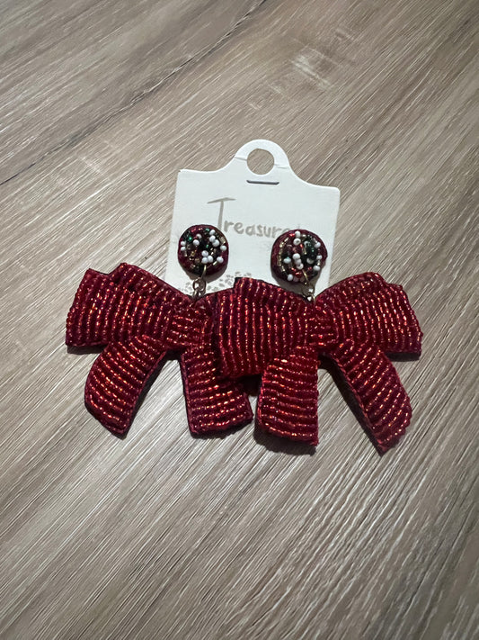 Big Red Beaded Bow Dangles