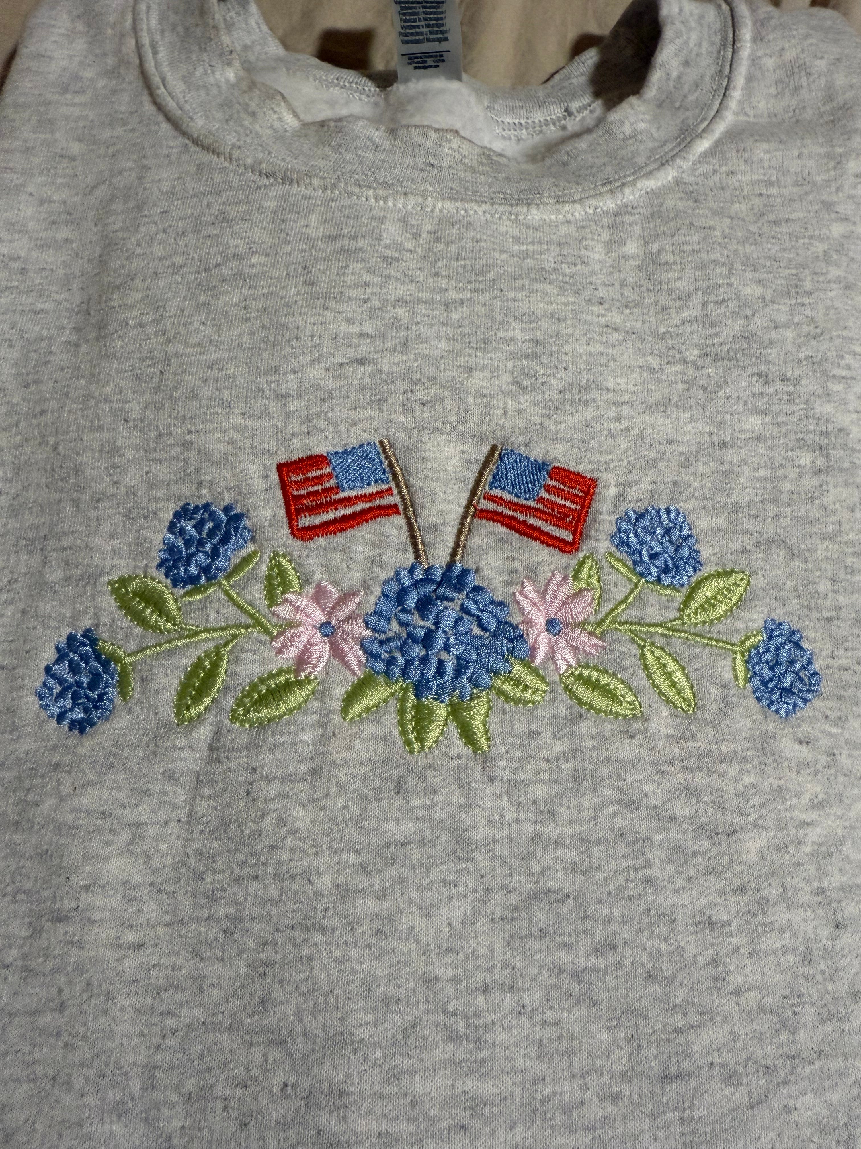 Embroidered Hydrangeas With American Flags Sweatshirt