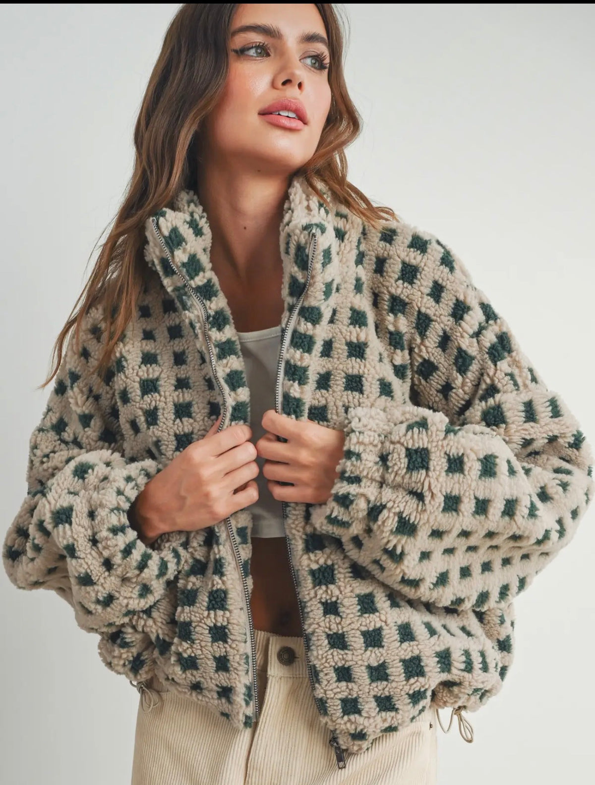 Breck Checker Sherpa Fleece Jacket - Olive/Taupe
