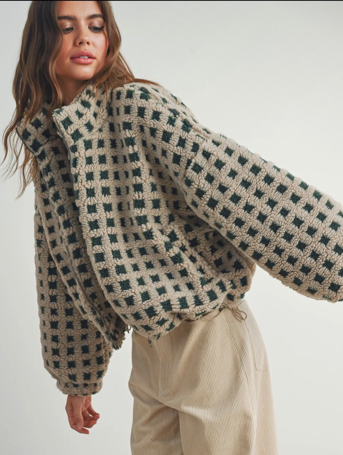 Breck Checker Sherpa Fleece Jacket - Olive/Taupe