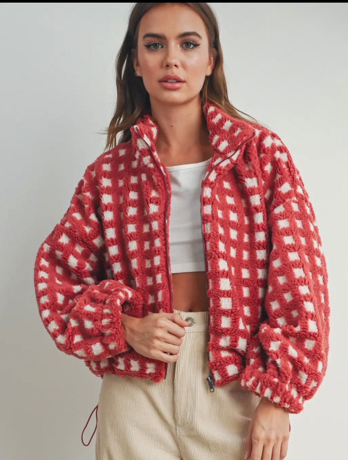 Breck Checker Sherpa Fleece Jacket - Red /White