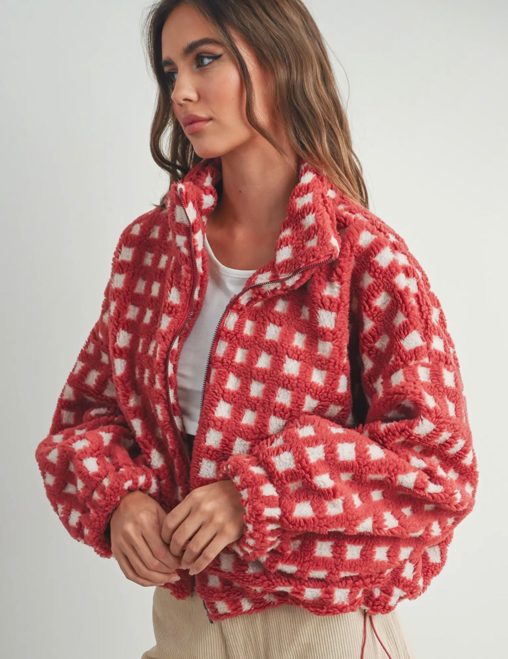 Breck Checker Sherpa Fleece Jacket - Red /White