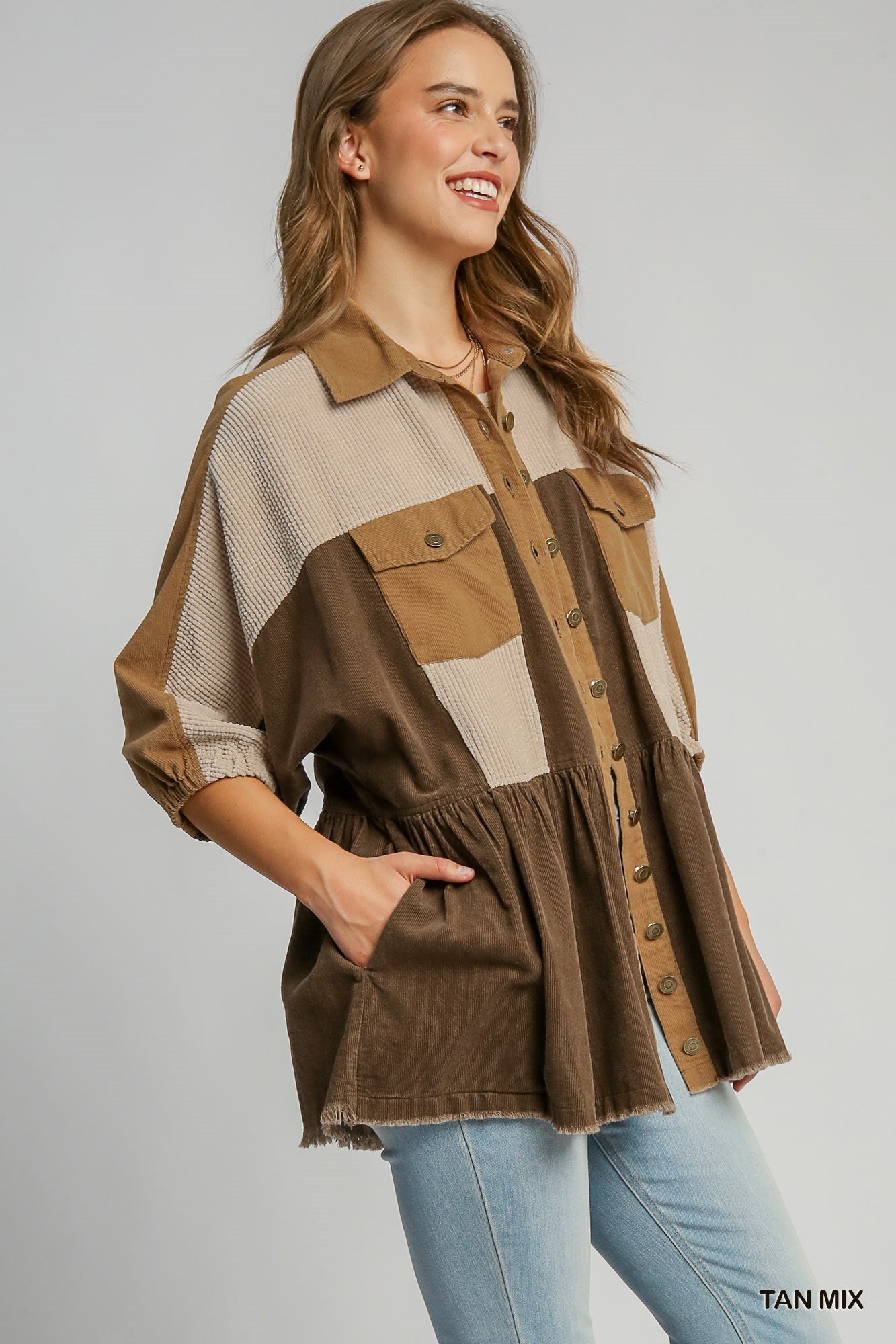 Corduroy Button Down Jacket - Tan Mix