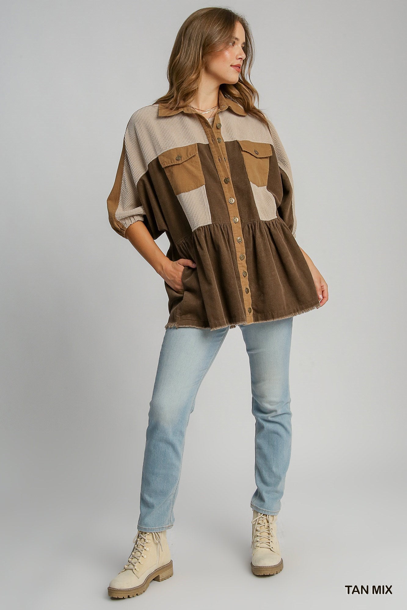 Corduroy Button Down Jacket - Tan Mix