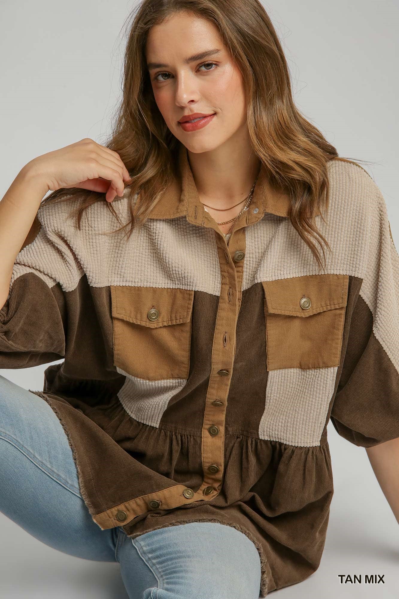 Corduroy Button Down Jacket - Tan Mix