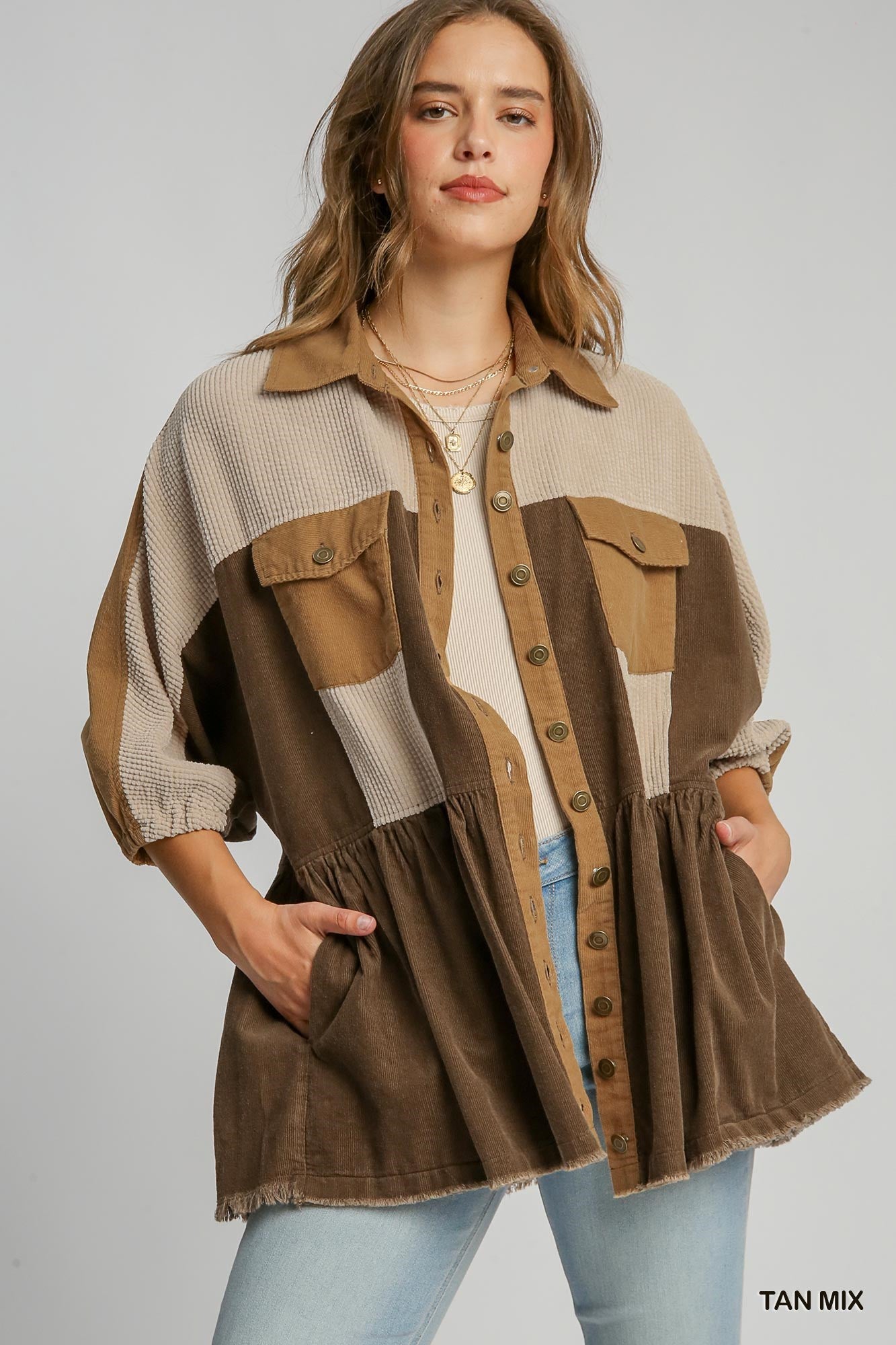 Corduroy Button Down Jacket - Tan Mix