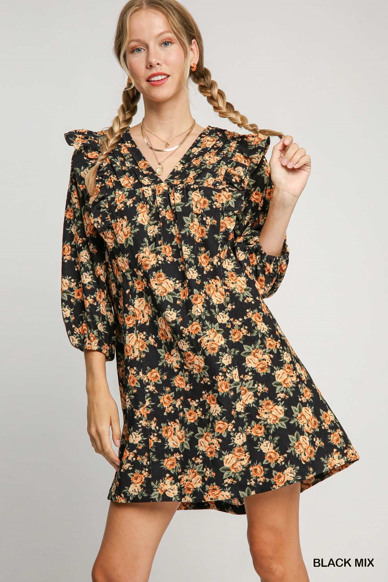 Floral V-Neck Mini Dress - Black