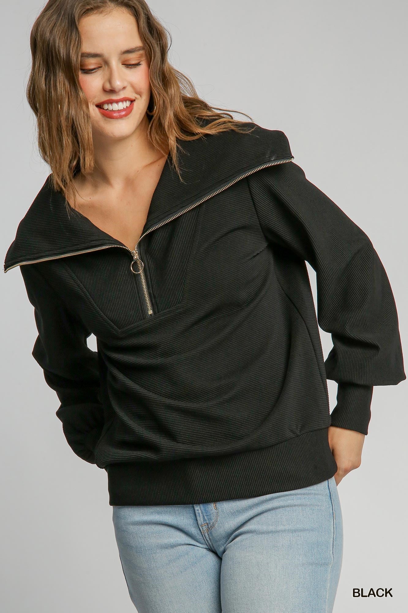 Half zip Ribbed Knit Top - Black