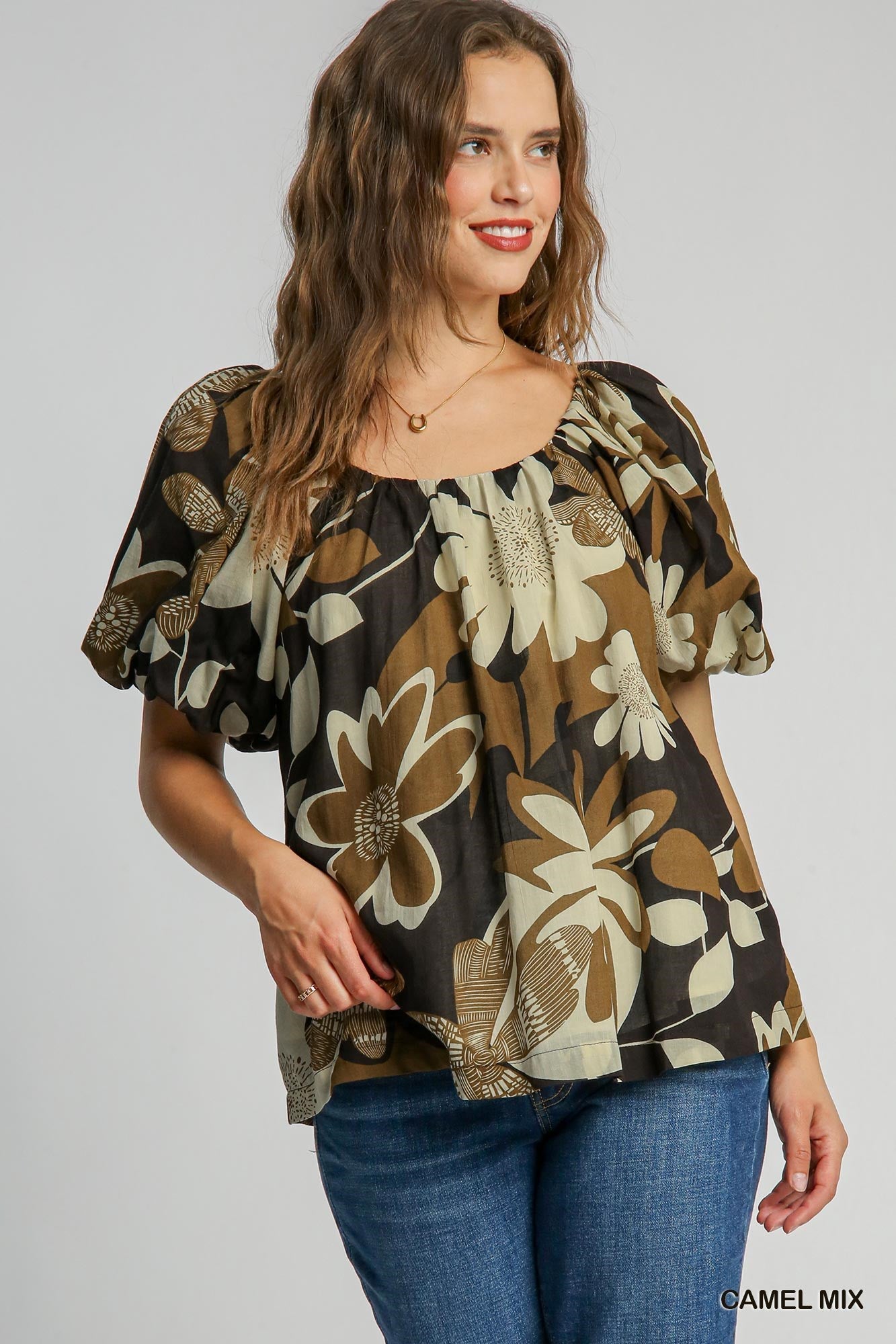 Round Neck Print Top - Camel Mix