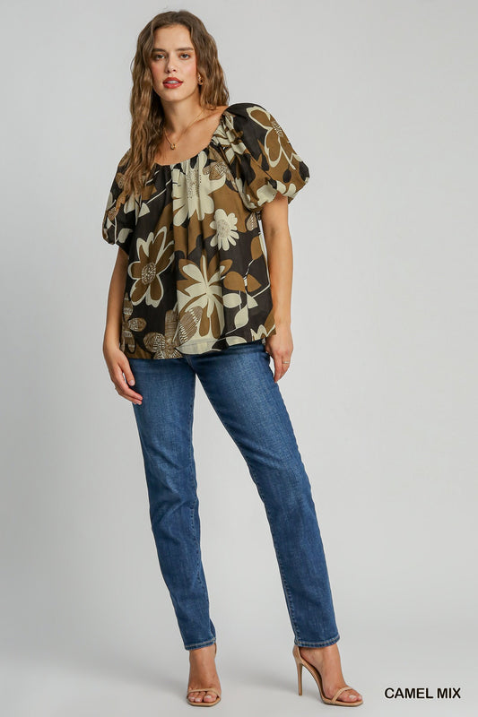 Round Neck Print Top - Camel Mix