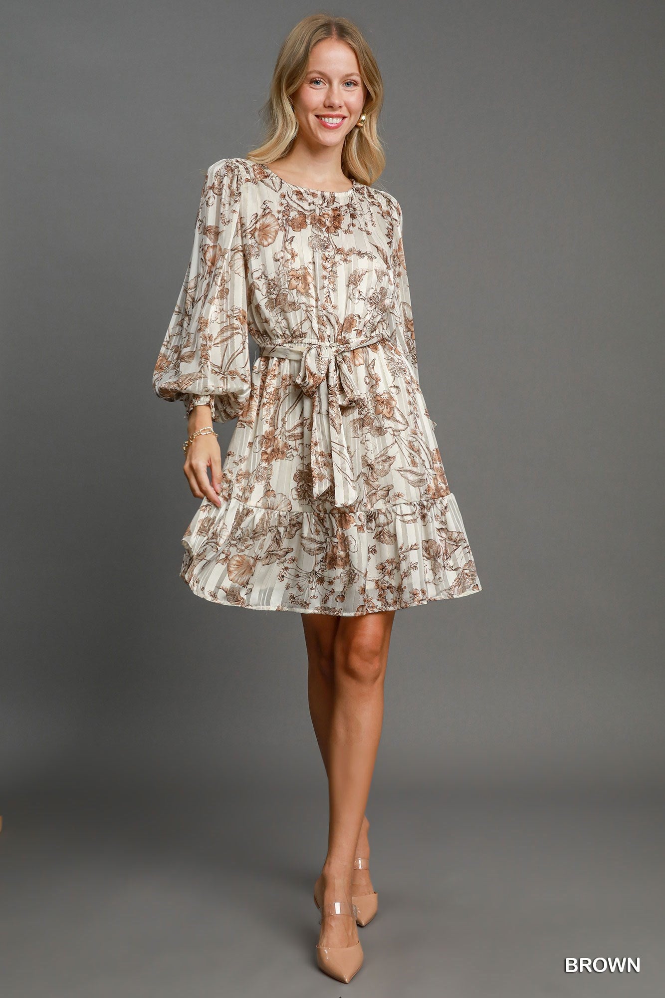 Floral Print Mini Dress - Brown