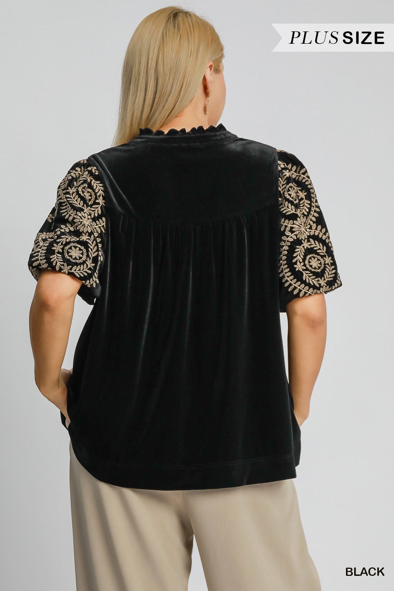 Velvet Embroidered Sleeve Top - Black